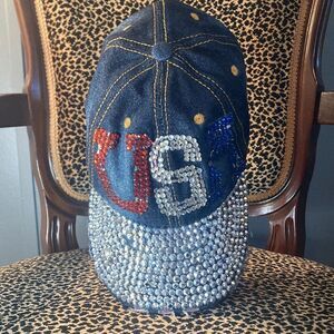 Unbranded USA distressed bling denim hat with adjustable strap NWOT